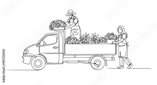 Workers loading plants into a delivery truck. One line drawing minimalist vector illustration. Spring nursery and landscaping service concept