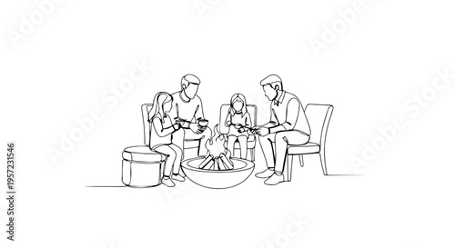 Family sitting around a fire pit outdoors. One line drawing minimalist vector illustration. Cozy evening gathering and togetherness concept