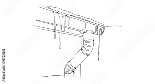 Melting icicles on a roof gutter. One line drawing minimalist vector illustration. Continuous line art of spring thaw concept isolated on white background