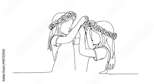 Two girls with flower crowns one line drawing. Continuous line art of children playing. Spring concept vector illustration