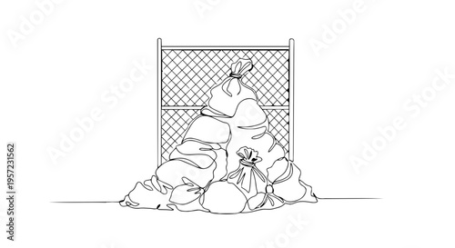Pile of garbage bags in front of a fence. One line drawing vector illustration. Waste disposal and spring cleaning concept