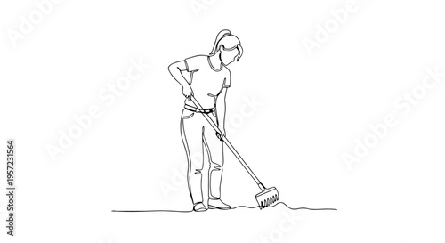 Woman raking the ground in a garden. Continuous one line drawing. Spring gardening and yard work concept
