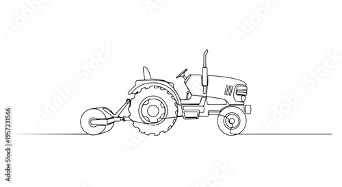 Farm tractor with a roller attachment. Continuous one line drawing. Agricultural machinery and soil preparation illustration