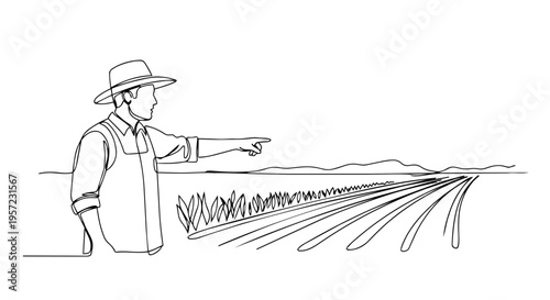 Farmer pointing at a field. One line drawing vector illustration. Agricultural planning and land management concept