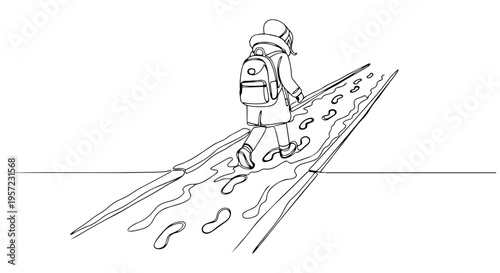 Person with backpack walking through puddles. One line drawing vector. Spring thaw and hiking concept