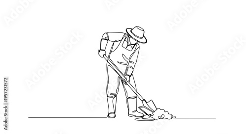 Farmer digging the soil with a shovel. Continuous one line drawing. Spring gardening and ground preparation illustration