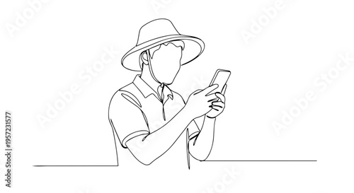 Farmer looking at a smartphone. One line drawing vector illustration. Smart farming and technology in agriculture concept