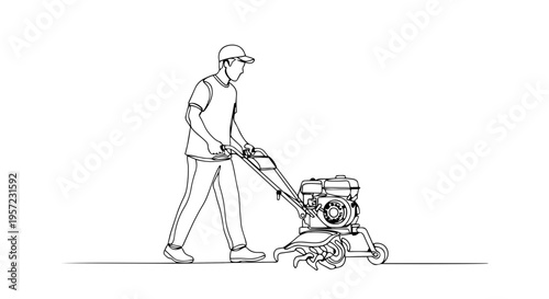 One line drawing of a man using a garden tiller. Minimalist agricultural equipment vector illustration. Continuous line art of a cultivator isolated on white background