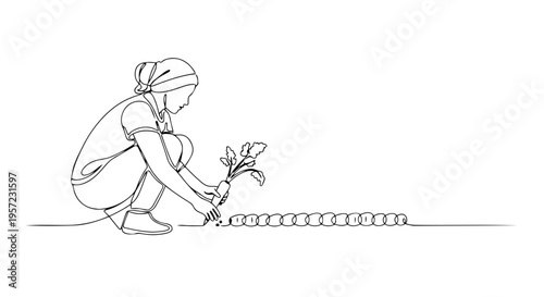One line drawing of a woman planting carrots. Minimalist gardening vector illustration. Continuous line art of a female gardener isolated on white background