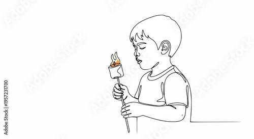 Child holding toasted marshmallow on a stick. One line drawing vector illustration. Camping and bonfire concept