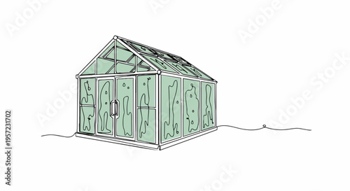 One line drawing of a garden greenhouse. Minimalist glasshouse vector illustration. Gardening and plant growth concept isolated on white background