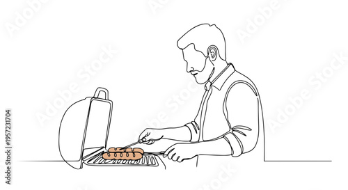 Man grilling sausages on barbecue one line drawing. Minimalist vector illustration of outdoor picnic. Continuous line art isolated on white background
