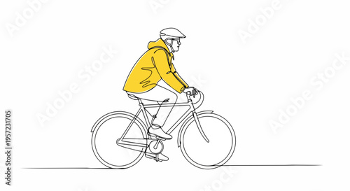 Person riding bicycle in yellow jacket. One line drawing vector illustration. Cycling and spring activity concept