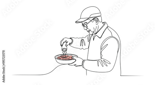 Man seasoning food in a bowl one line drawing. Minimalist vector illustration of cooking process. Continuous line art isolated on white background