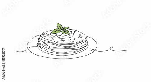 Stack of pancakes with green leaf garnish one line drawing. Minimalist vector illustration of breakfast food. Continuous line art isolated on white background