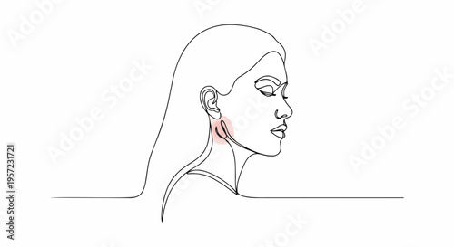 Woman profile with skin irritation on neck one line drawing. Minimalist vector illustration of allergy or insect bite. Continuous line art isolated on white background