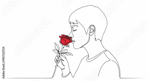 One line drawing of a person smelling a red rose. Minimalist floral vector illustration. Continuous line art of human profile isolated on white background