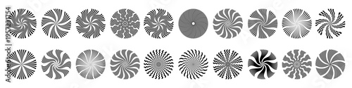 Set Of Swirl Abstract Circle Shapes. Collections Of Sun Beams Radial Geometric Patterns.