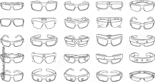 Detailed Line Art Collection of Smart Glasses, Wearable Tech, and Eyewear Icons. Diverse Set of Modern and Futuristic Augmented Reality Glasses and Goggles in Black and White.