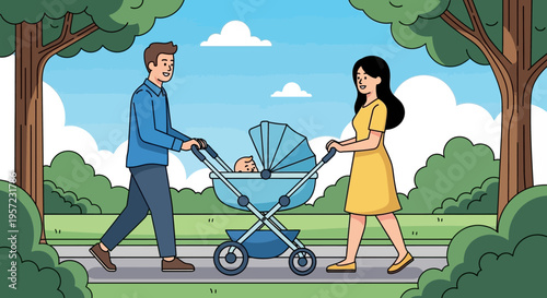 Couple walking with baby stroller outdoors.