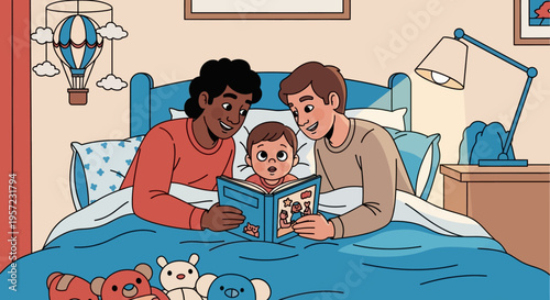 Two men reading to little boy.