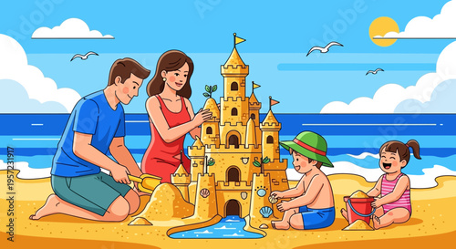 Family building sandcastle on beach vacation 1.
