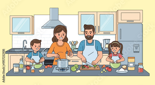 Family cooking together in kitchen.