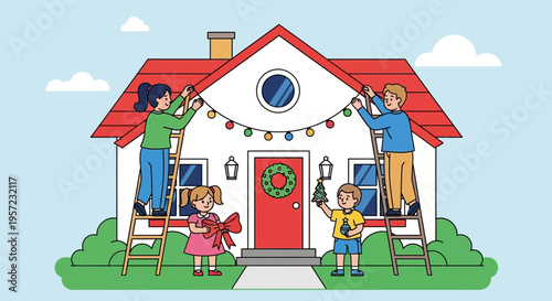 Family decorating house with Christmas lights.