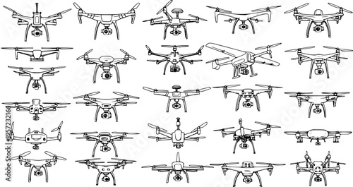 Detailed Hand-Drawn Set of Drones: Diverse Quadcopters and UAVs with Cameras in Outline Style