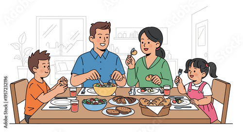 Family eating dinner together at table.