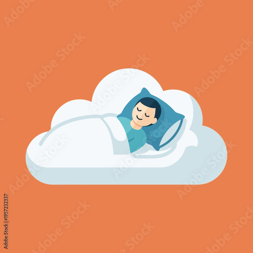 Cartoon person sleeping peacefully on a cloud-shaped bed with a pillow.