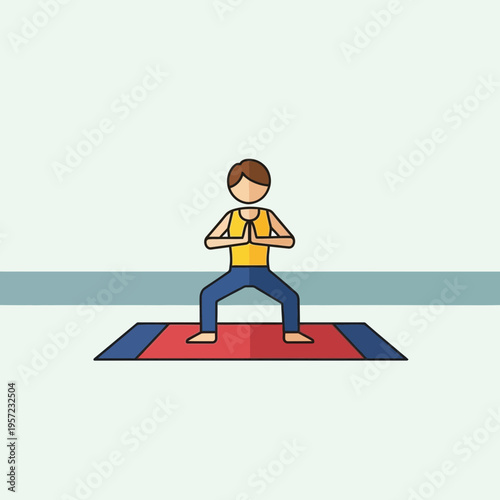 Cartoon person practicing yoga in a warrior pose on a mat.