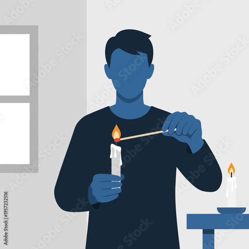 Person lighting a candle with a matchstick indoors.