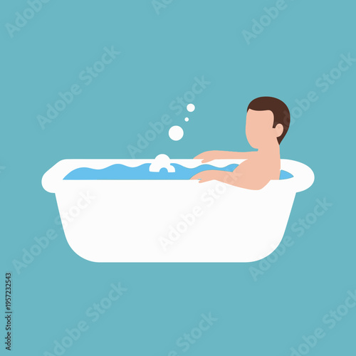 Person relaxing in a bathtub filled with water against a blue background.