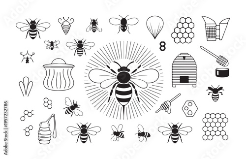 Honey bee icons set with hive honeycomb and beekeeping equipment collection isolated on white background vector