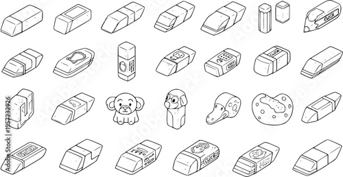 Line Art Erasers Set. Hand-drawn vector collection of diverse stationery rubbers, including classic blocks, animal shapes, and click designs, perfect for school, office, and educational materials.