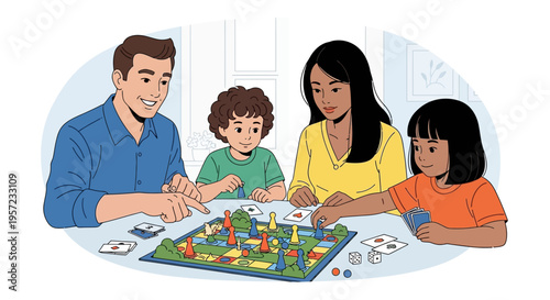 Family playing board game together 1.