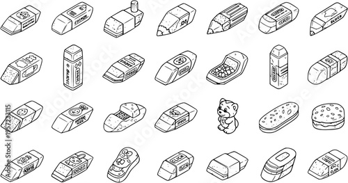 Isometric Hand-Drawn Eraser Collection: Diverse School and Office Stationery Doodle Icons Set