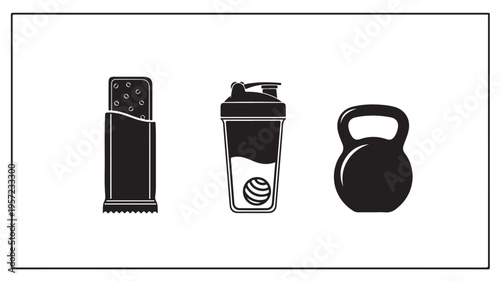 Fitness supplements and equipment for workout routine on white background