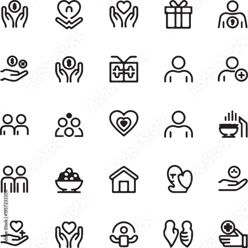 Donation and care icons hands heart gift box people plus earth caring heart icon set