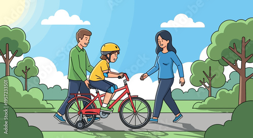 Family Riding Bike Together Outdoors.