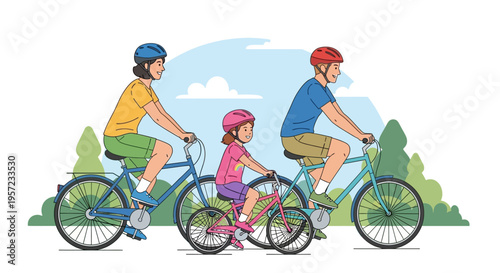 Family Riding Bicycles Together Outdoors.