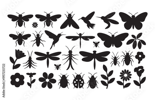 Black silhouette set with various insects and flowers isolated on white background for design element