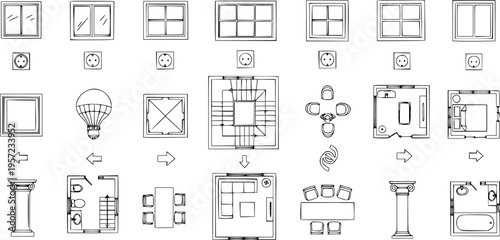 Architectural  Interior Design Symbols Vector Set: Comprehensive Collection of Floor Plans, Windows, Furniture, Sockets, and Building Layout Elements