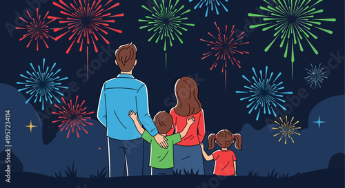 Family watching fireworks together at night.
