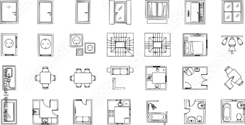Architectural Floor Plan Symbols and Icons Set: Detailed Line Art Drawings of Doors, Windows, Outlets, Stairs, Furniture, and Room Layouts for Building Design