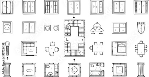 Hand-drawn architectural symbols and elements for floor plans, including doors, windows, furniture, stairs, and electrical outlets, perfect for house design projects.