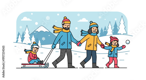 Family Winter Fun Sled Ride Together.