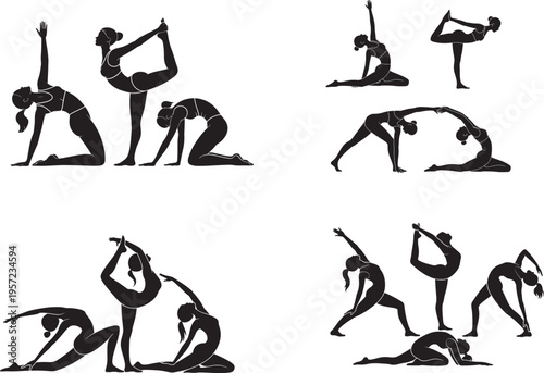 Three yoga poses in black silhouette
