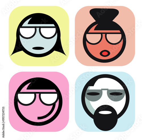 funny abstrakte Gesichter mit Sonnenbrille, set aus 4 icons, 
reduzierte comic Charakter köpfe


